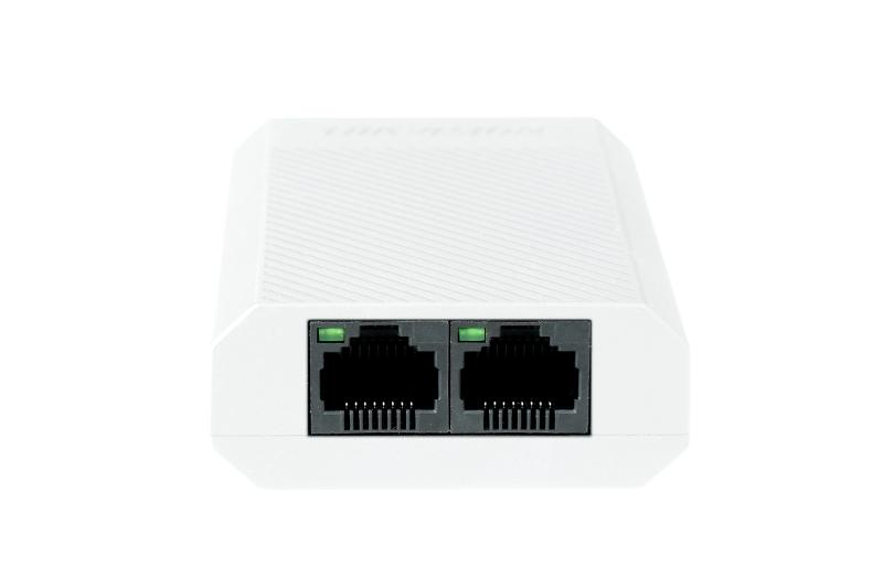 Repetor PoE Hikvision DS-3E0503DP-E/R: 1 × Gigabit PoE IN port si 2 × Gigabit PoE OUT port, buget PoE 30W, dimensiuni: 88.0 mm × 22.0 mm × 58.0 mm, greutate: 0.058 kg, montare pe birou.